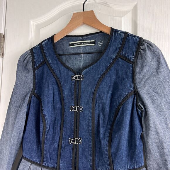 Daughters of the Liberation Two Tone Denim Peplum Jacket Black Trim Women's 2 - Picture 2 of 12